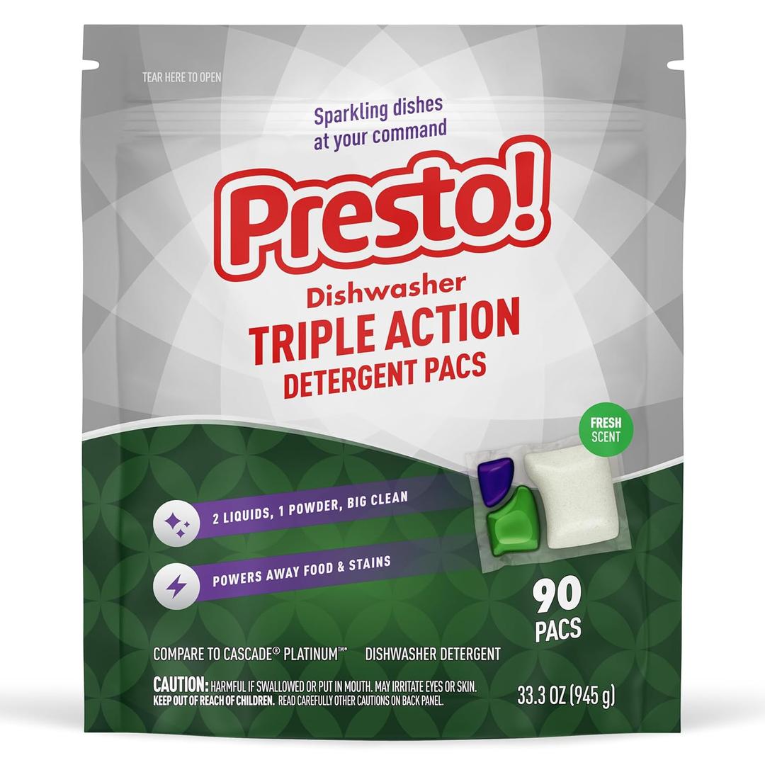 Amazon Brand - Presto! Triple Action Dishwasher Pacs, Fresh Scent, 90 Count (90 Count (Pack of 1))