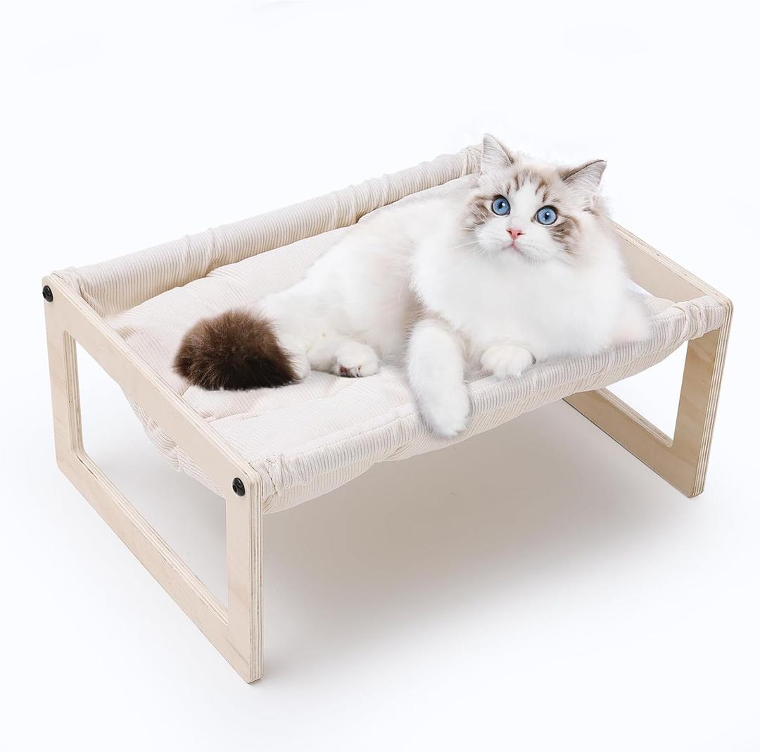 BsBsBest Cat Bed, 22 X 16 Inch Elevated Wooden Pet Hammock Breathable Dog Bed Detachable Portable Indoor Outdoor Cat Beds for Kitty Puppy Bunny Rabbit Small Animal with Padded Cotton (Thick)