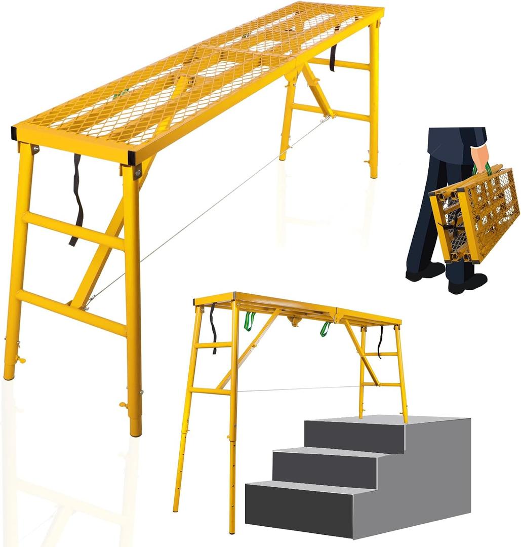 Folding Scaffolding Platform, 71(L) x15.7(W) x51(H)''770 Lbs, Adjustable Steel Industrial Step Ladders, Portable Heavy Duty Work Platform for Construction Sites and Renovations, Yellow