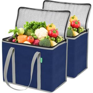 Creative Green Life XL Insulated Reusable Grocery Bags (2-Pack) - Premium Quality Cooler Bags with Hard Bottom Insert, Stands Upright, Washable (Blue)