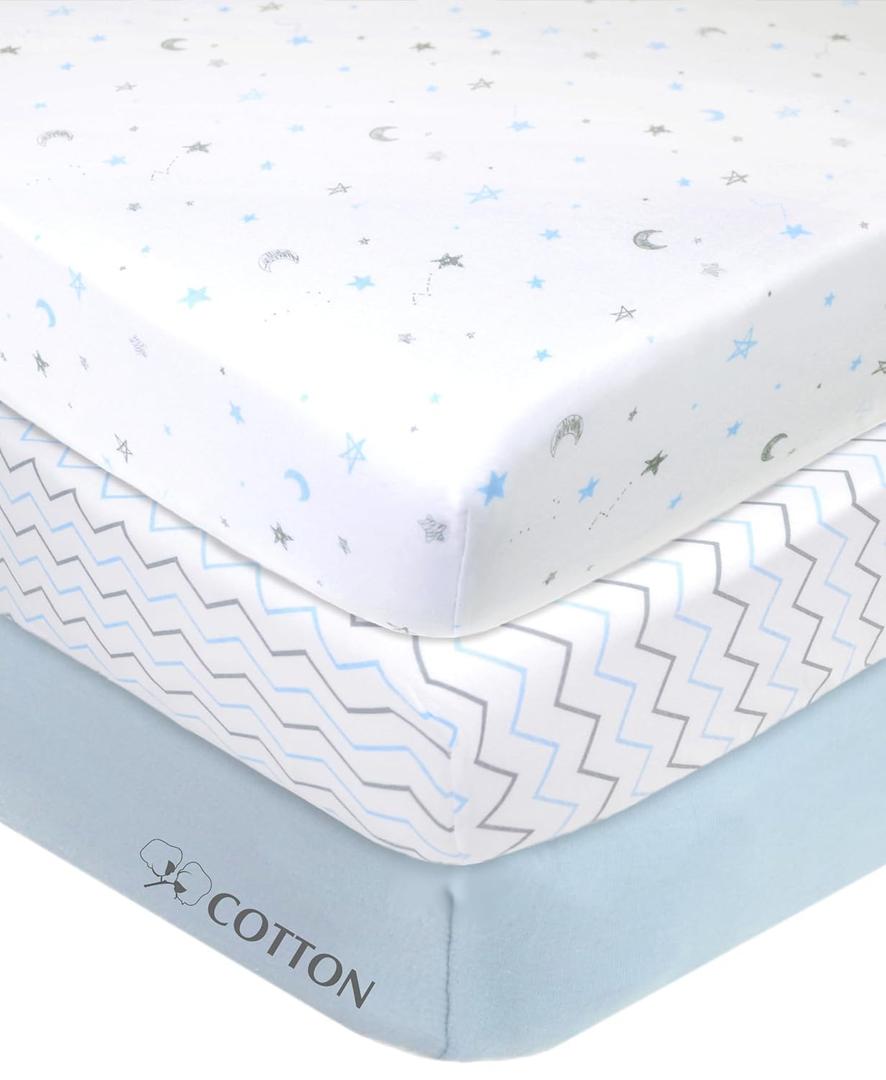 American Baby Company 3 Pack 100% Natural Cotton Fitted Mini Crib Sheets 38" x 24" - Soft & Breathable Small Nesting Portable Sheets, Fits Pack N Play Mattresses, Blue Star/Zigzag, for Boys & Girls