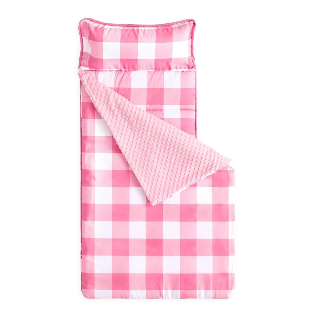 Wake In Cloud - Toddler Nap Mat with Pillow and Minky Fleece Blanket, for Kids Boys Girls in Daycare Preschool Kindergarten, Roll Up Sleeping Bag, Buffalo Check Plaid, Hot Pink White, Standard