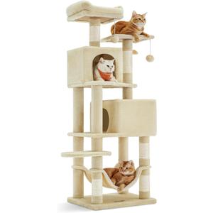 Feandrea Cat Tree, 61-Inch Cat Tower for Indoor Cats, Plush Multi-Level Cat Condo with 5 Scratching Posts, 2 Perches, 2 Caves, Hammock, 2 Pompoms, Beige UPCT192M01