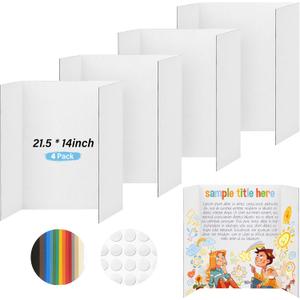 4 Pcs Trifold Poster Board, 21.5x14 inches Small White Poster Board Comes with Sticky Accessories, Corrugated Presentation Boards, Display Board for School Projects, Business Presentations