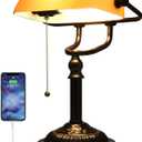 Rustic Banker's Desk Lamp Pull Chain, Traditional Bankers Desk Lamp with USB Port, Vintage Farmhouse Table Lamp for Home Office Library