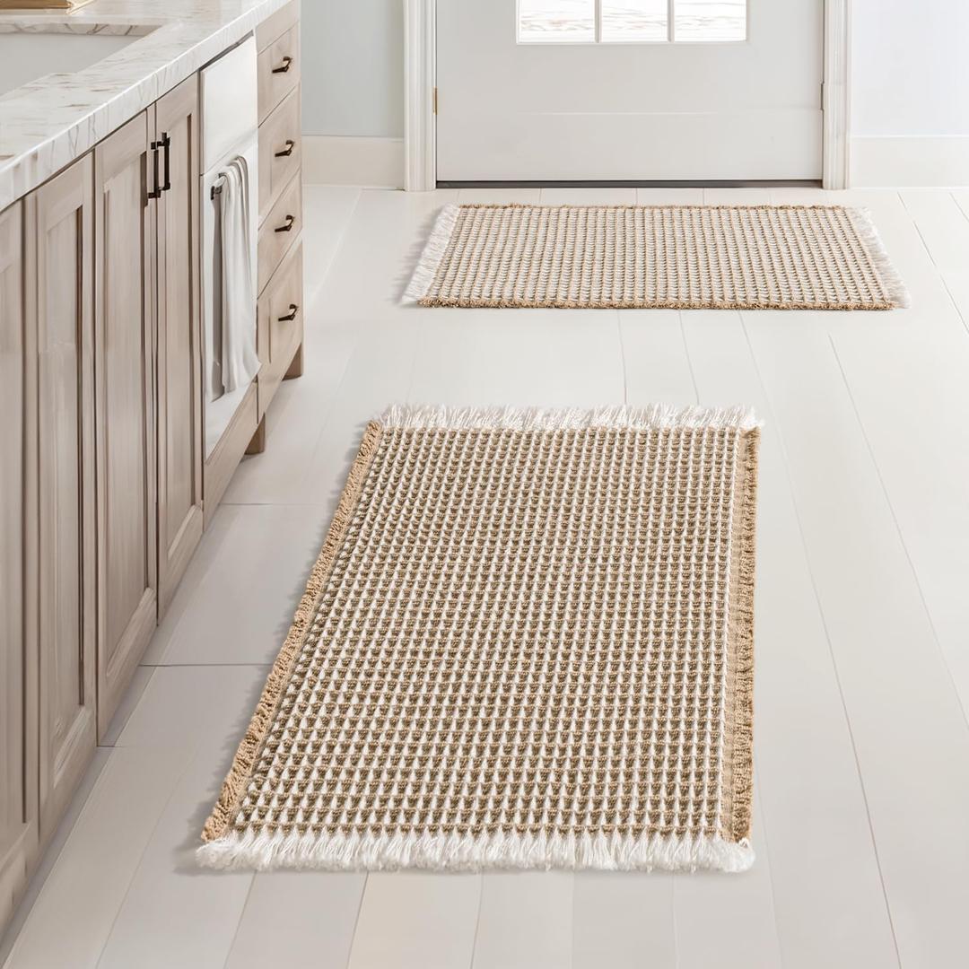 MIULEE Set of 2 Waffle Bathroom Rugs, Boho Bath Rugs Non Slip Washable, Super Absorbent Bath Mats, Ultra Soft Rubber Backed Shower Mats for Bathroom Floor, Tub, Brown & White, 17x24 Inch