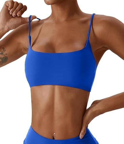 Comper Women's Sports Bras Wirefree Racerback Workout Bras Sexy Thin Straps Yoga Sport Bras with Removable Pads(Sapphire Blue-L)