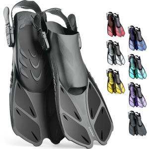 CAPAS Snorkel Fins, Swim Fins Travel Size Short Adjustable for Snorkeling Diving Adult Men Women Kids Open Heel Swimming Flippers, S/M (Kids JR 9-14) (Black)