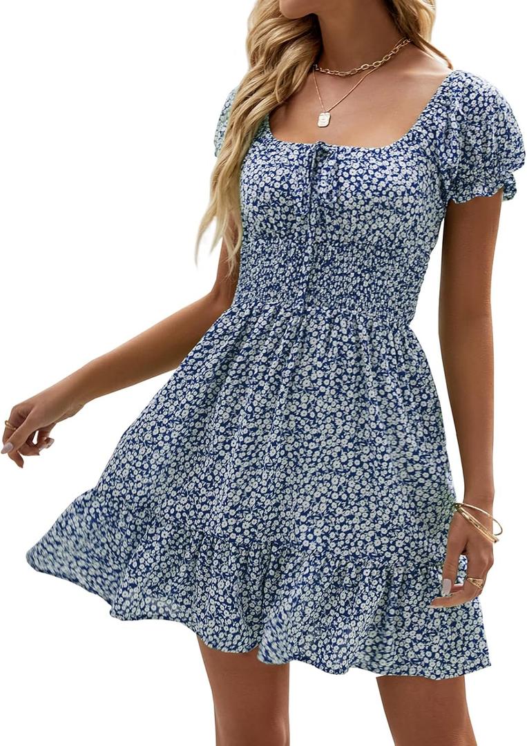 Heysolo Womens Boho Floral Smocked Square Neck Short Sleeve Ruffle Beach Summer Mini Dress (Blue)