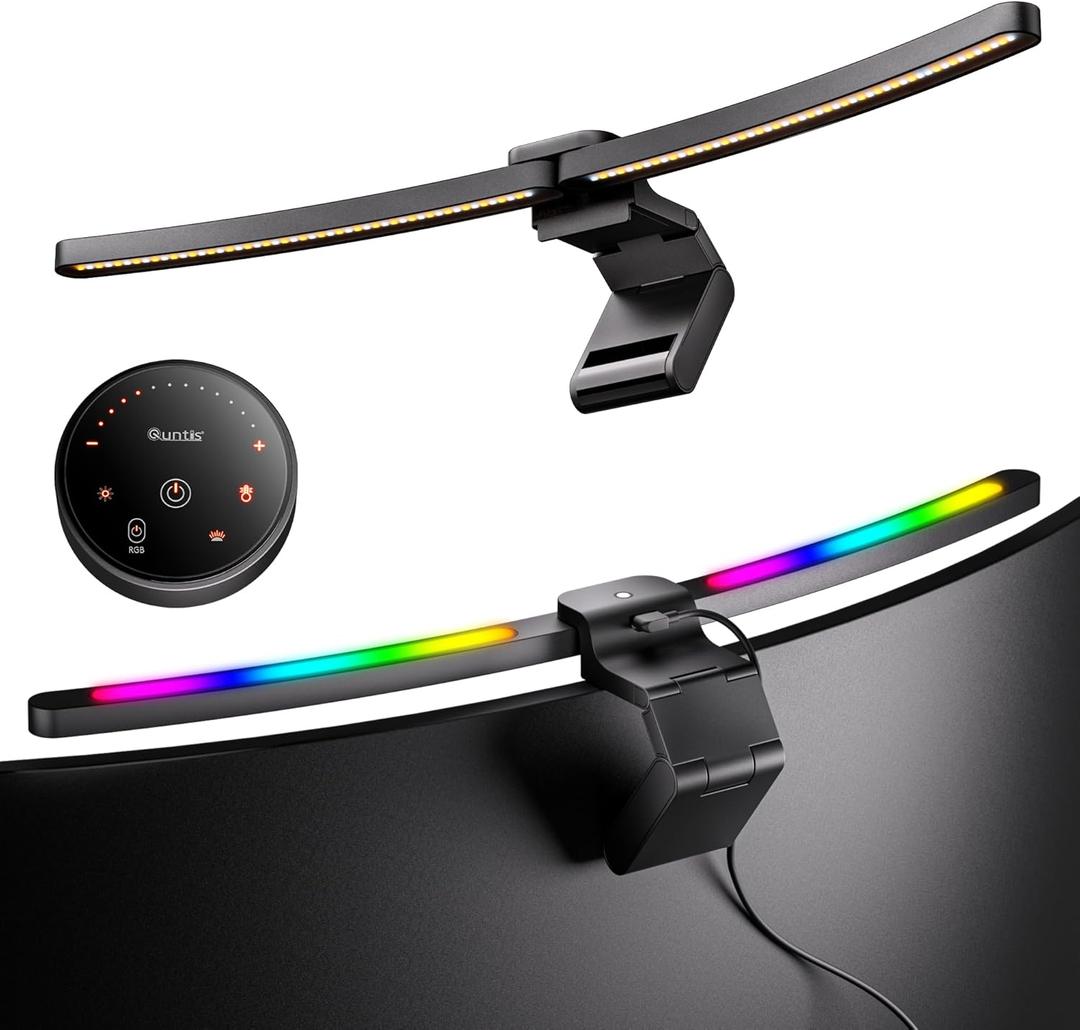 Quntis Curved Monitor Light Bar 15 RGB Backlight for 34"+ Screens, Computer Bar Lights Fold Dual Light with Color Temperature Brightness Stepless Dimming, No Glare Desk Lamp for Home Office Gaming