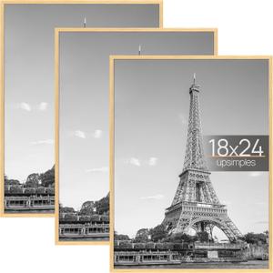 upsimples 18x24 Picture Frame Natural 3 Pack, Scratch-Proof Poster Frames 18 x 24 for Photo Gallery - Slide-In Strips, Horizontal or Vertical Wall Mounting