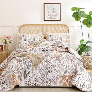 Xruibed Quilt Set King Size 3 Pieces Brown Floral Quilt Sets Reversible Bedspreads Bedding Set Soft and Cozy Microfiber Lightweight Quilt Flower Plant Bed Coverlet Sets for All Season(King 104"x90")