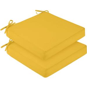 downluxe Waterproof Outdoor Chair Cushions Set of 2, 19" x 19" x 3" Patio Chair Cushion with Non-Slip Ties & Handle, Square Outdoor Cushion for Patio Furniture with Removable Cover, Yellow