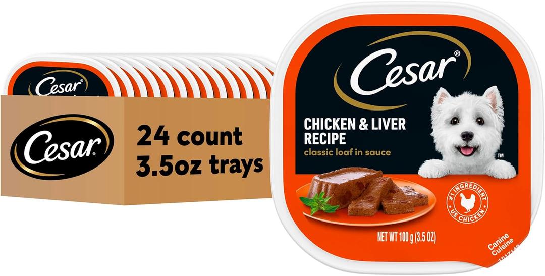 Cesar Classic Loaf in Sauce Adult Wet Dog Food Chicken and Liver Recipe, Wet Food for Dogs, 3.5 oz Easy Peel Trays, 24 Count