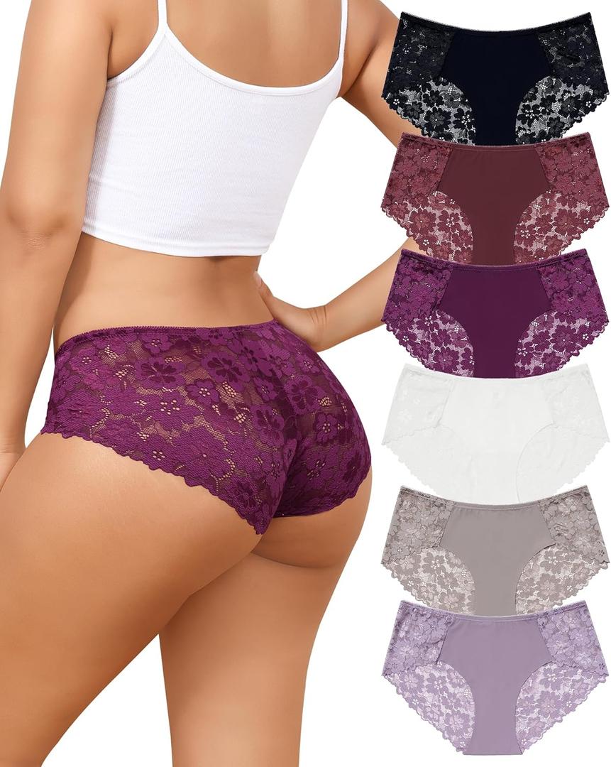 Aijolen Lace Bikini Panties Womens Cheeky Seamless Underwear Ladies No Show Hipster Underpants 6 Pack  (Large)