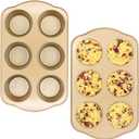 Jumbo Muffin Pan 2 Pack, Nonstick Large Cupcake Pan 6 Cup, Heavy Duty 0.5mm Thick Steel Big Muffin Tins for Baking, 3.5inch Dia, Gold