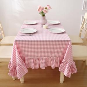 K MASANIJI 100% Cotton Pink Plaid Ruffled Table Cloth for Rectangle Table, Classic Farmhouse Checker Gingham Vintage Decorative Tablecloth (Pink/White Plaid, 70x52 inches)
