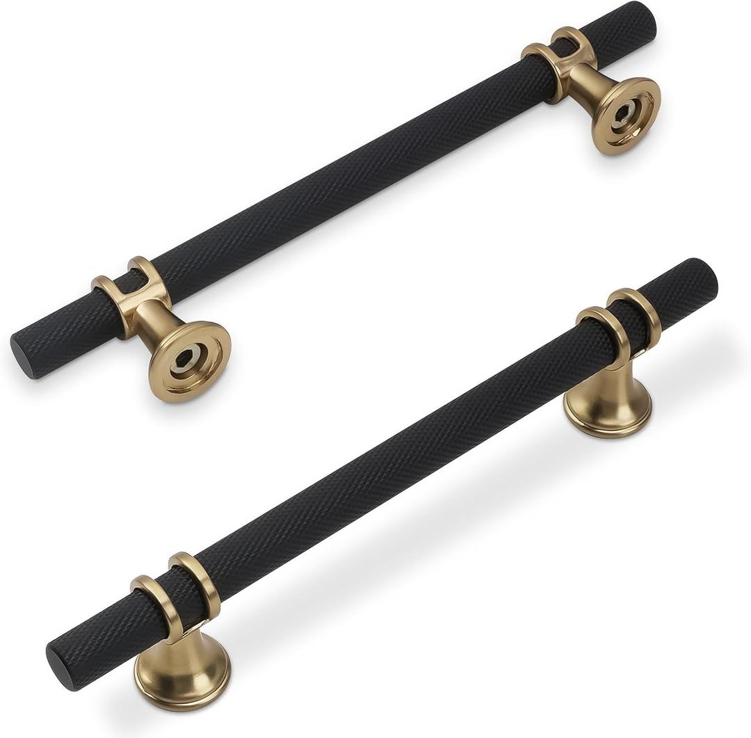 10 Pack 5 Inch Cabinet Pulls knurled Matte Black and Champagne Bronze Kitchen Cabinet Handles Aluminum and Zinc Alloy Drawer Pulls Solid Cabinet Hardware (5'' Hole Center(128mm))