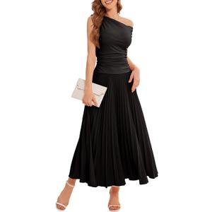 Bbonlinedress Formal Maxi Prom One Shoulder Pleated Cocktail Dress Women Wedding Guest Summer Daily Long Party Dresses (Medium, Black)