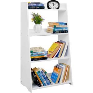 Open 4 Tier Bookcase, Wooden Kitchen Shelf, Freestanding Display Storage, Bookshelf for Bedroom, Living Room and Office (White, Ladder)