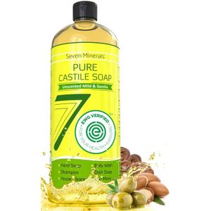 Seven Minerals, EWG Verified Castile Soap 33.8 fl oz - No Palm Oil, GMO-Free - Unscented Mild & Gentle Liquid Soap For Sensitive Skin & Baby Wash - All Natural Vegan Formula with Organic Carrier Oils