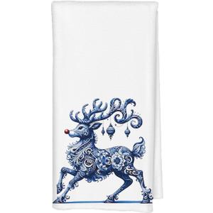 Qabliqo Chinoiserie Christmas Reindeer Kitchen Hand Towels, Chinoiserie Christmas Decor, Grandmillennial Blue and White Xmas Red Nose Reindeer Decorative Hand Towels for Bathroom, 16x24 Inch