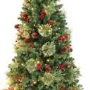 4FT Outdoor Christmas Tree with Lights in Vintage Potted Base, Battery Operated Xmas Tree with Cedar Branches & Pinecones, 100 LED Warm Lights with Timer, Porch Entryway Holiday Decoration