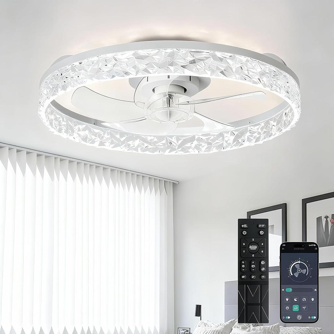 Depuley Ceiling Fans with Lights and Remote: 20" Modern Low Profile Flush Mount LED Ceiling Fan for Bedroom App Control - White Crystal Bladeless Fandelier for Living Room Kitchen Dimmable DC Motor