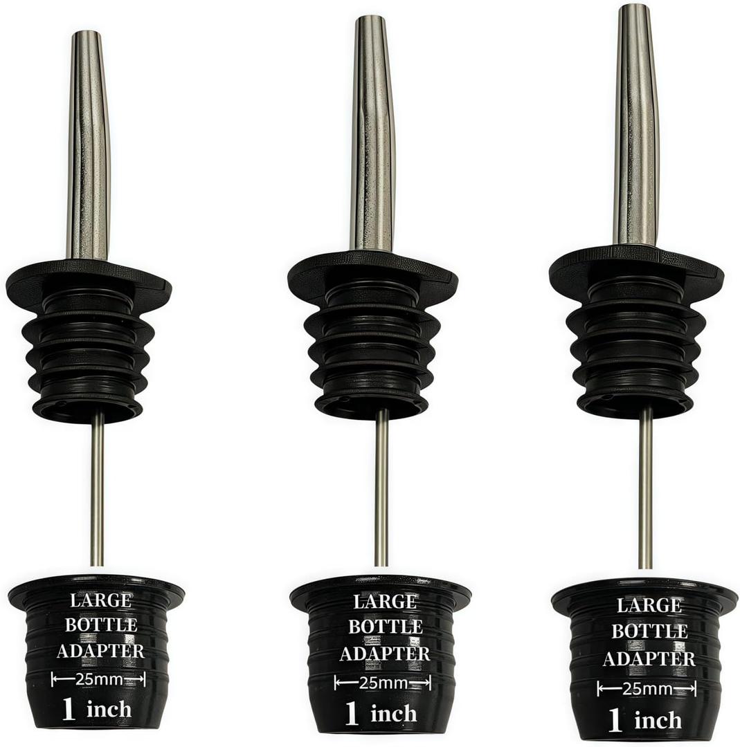 Stainless Steel Classic Bottle Pourers,Black 6 Pack with6 Adapters for Large Neck Bottles,Also for Olive Oil, Juice, Syrup,Converts Any Spout into a Large Pour Spout (3 Pac)