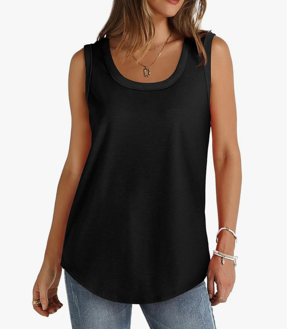 Womens Tank Tops Loose Fit Casual Sleeveless Tops Square Neck T-Shirts Solid Oversized Shirt Curved Hem Clothes, Black, XL