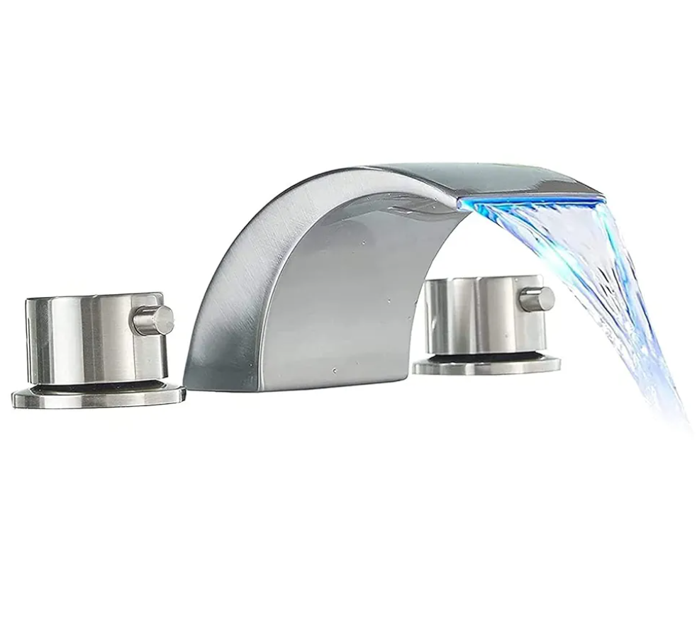 Brushed Nickel Bathroom Faucet Waterfall for Sink 3 Hole 8 Inch Widespread Vanity Sink Parts Two Handle Led Bath Tub Mixer Tap Lavatory Faucets Spout Commercial Water Hoses