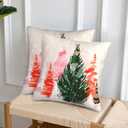 bassyil Christmas Tree Watercolor Throw Pillow Covers Decorative Linen Pillow Cases Set of 2 Square Cushion Cover for Couch Sofa Bedroom Patio 18x18 Inch