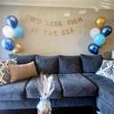 Two Less Fishin the Sea Gold Banner Balloons Blue Curtain for Nautical Theme Engagement Party Beach Wedding Anchor Cruise Banner Decorations