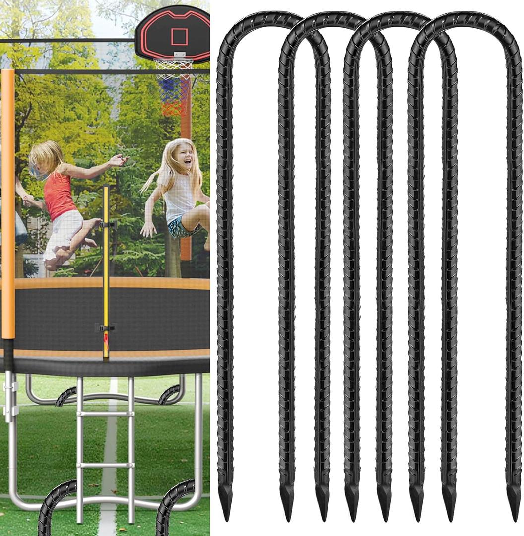 Black Trampoline Stakes Anchors High Wind 16inx10mm Galvanized U Hook 4pcs Rebar Stakes  Heavy Duty Ground Anchors for Trampoline,Yard & Inflatable,Landscape Metal Stakes for Outdoor Decorations (16inx10mm(3/8")x1.97in)