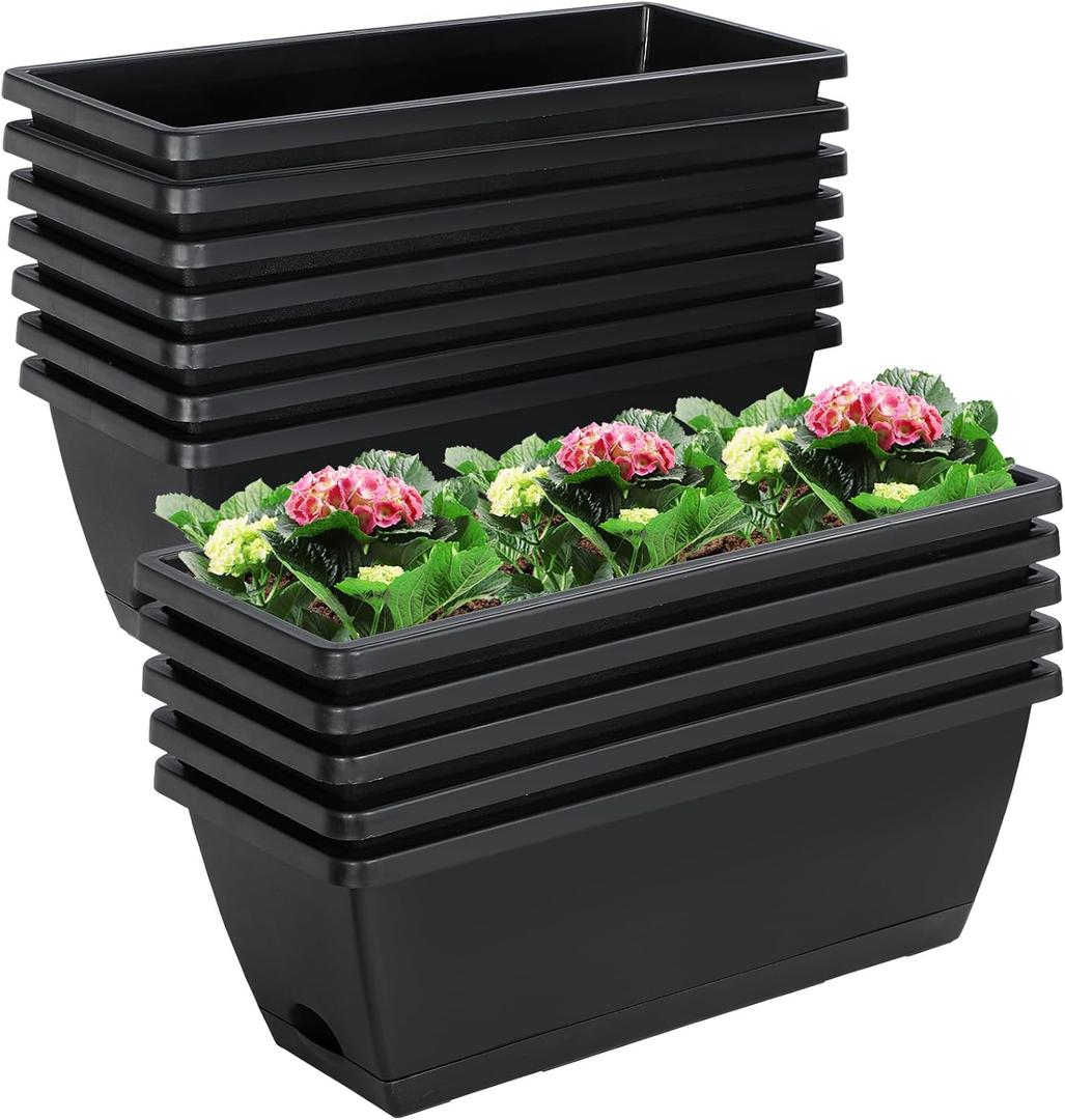 Lysjtsr 12Pcs 17Inches Rectangle Planter Box with Drainage Holes and Trays Plastic Planters Flower Boxes Pots for Indoor Outdoor Plants Patio Garden Home Decor Porch Yard (Black)