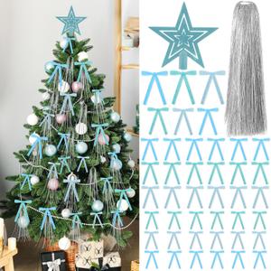 38 Set Blue Velvet Christmas Bow Decor Set 36 Vintage Velvet Ribbon Bows 1 Flocking Star Tree Topper 5000 Strands Tinsel Icicles for Holiday Crafts Gift Wrapping Xmas Tree Wreaths Door Home Decor