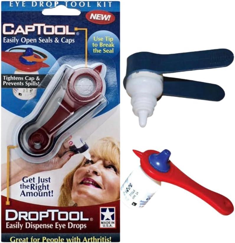 Eye Drop Tool Kit 2-in-1 Easy Bottle Opener & Precision Drop Squeezer Removes Tight Caps and Helps Apply Eye Drops Arthritis Friendly, Seniors & Limited Grip Assistance Compact Handheld Aid