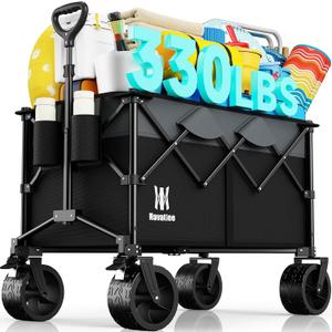 Navatiee 330Lbs Collapsible Folding Wagon, Beach Wagon Cart Heavy Duty Foldable with Big Wheels, Utility Grocery Wagon with 165L Large Capacity for Camping Garden Sports, Black