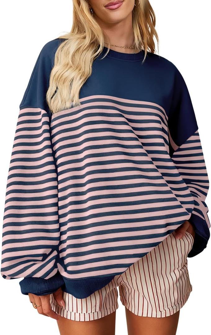 HEYTALALA Womens Oversized Striped Sweatshirts Y2K Long Sleeve Crewneck Sweater Color Block Drop Shoulder Loose Pullover Tops (S)