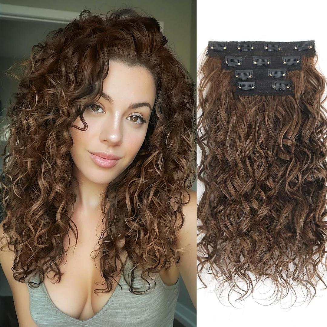 Clip in Hair Extensions,LEOSA 4PCS 16 inch Curly Hair Extensions Short Soft Natural Hairpiece Lace Weft Curly Wave Clip Ins Extensions Invisible for Women, Dark Almond Brown