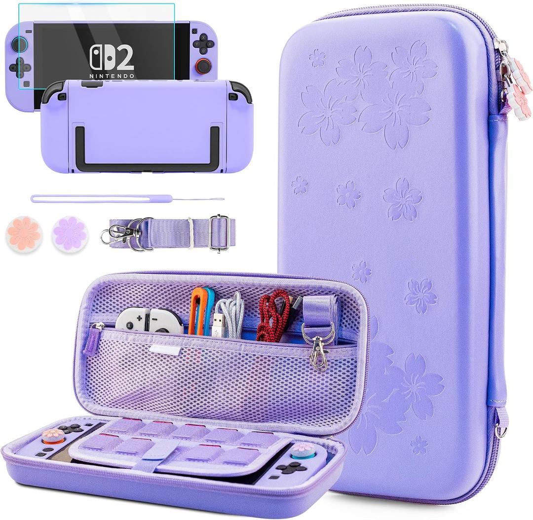 GLDRAM Purple Cherry Blossom Carrying Case for Nintendo Switch 2, Cute Girly Accessories with Sakura Travel Storage Bag, Hardshell Protective Cover, Screen Protector, Shoulder Wrist Strap & Thumb Caps