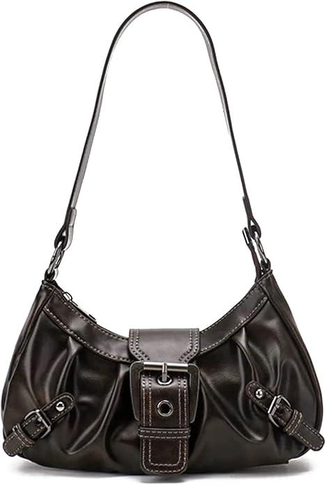 Y2K Trendy Purse for Women, Leather Buckle Punk Hobo Clutch Purses Bags for Ladies Top Handle Shoulder Bag (Deep Brown)
