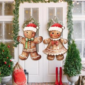 Shellwei 2 Pcs Christmas Gingerbread Hanging Sign Christmas Front Door Decorations, Hanging Decorations for Home Front Porch Walls, Indoor Outdoor Xmas Door Hanger(Red)