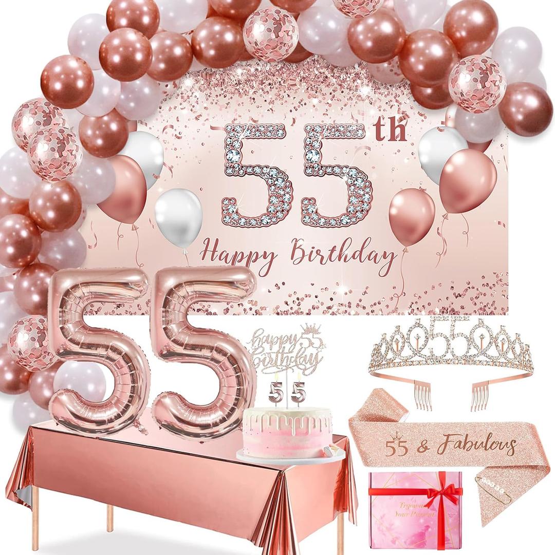 Trgowaul 55th Birthday Decorations Balloon Set Women's Arch, Rose Gold 55th Birthday Banner and Party Tablecloth, Belt and Tiara, Pink Gold 55th Balloon, Pink Birthday Cake Top, Latex Balloon * 60