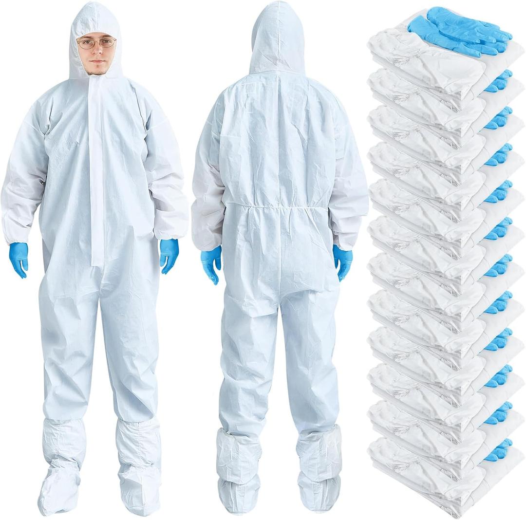 TrelaCo 5 Sets Hazmat Suit Disposable Protective Coveralls Full Body Paint Suit with Hood Shoe Cover and Glove Breathable Coverall (XL, White)