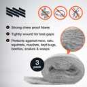 MaPorch Steel Wool Mouse Hole Filler - 3-Pack, 2.5 in x 7.5 ft - Malleable Gap Sealer for Wall Gaps - Hole Sealer for Mice Control at Pipe Openings - DIY Kit with Gloves & Scissors