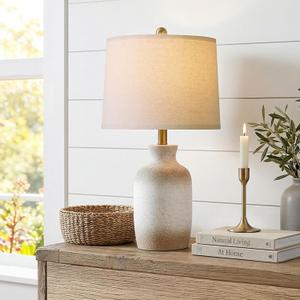 PoKat 24'' Farmhouse Ceramic Table Lamp for Living Room with Natural Textured Finish, Rustic Bedside Lamps for Bedroom, Organic Nightstand Lamps Dresser End Side Table Home Gift (White and Antique)