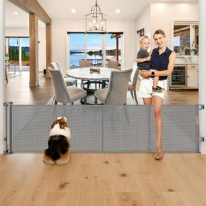 28 Inch Tall Retractable Baby Gates, 80" Wide Reinforced Retractable Dog Gate with Support Rods, Walk Through Pet Gate, Short Dog Gate Retractable Pet Gate, Mesh Baby Gate for Stairs, Doorways, Gray