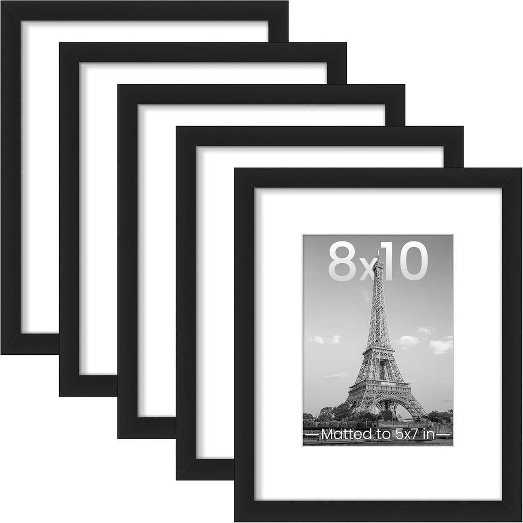 upsimples 8x10 Picture Frame Set of 5, Display Pictures 5x7 with Mat or 8 x 10 Without, Wall Gallery Photo Frames, Black
