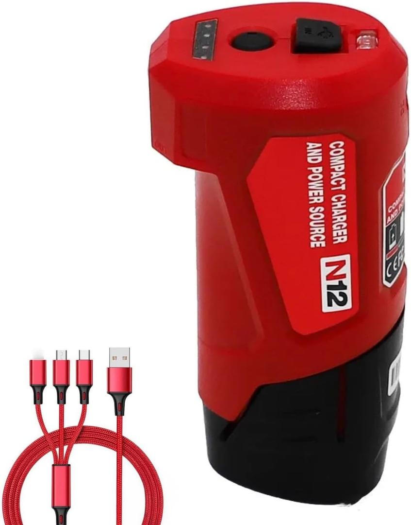 Tool Army M12 Portable Power Adapter & Power Station 48-59-1201, 49-24-2310 Compatible with Milwaukee M-12 12V Heated Jacket Battery, Red, MIL-M12